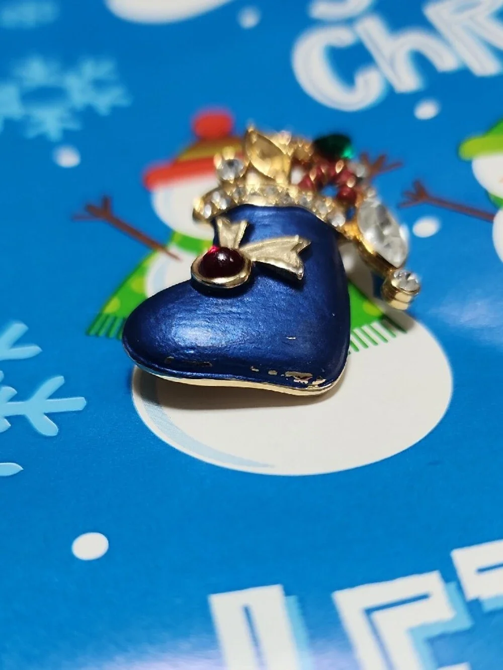 Blue Holiday Stocking Brooch with Rhinestones